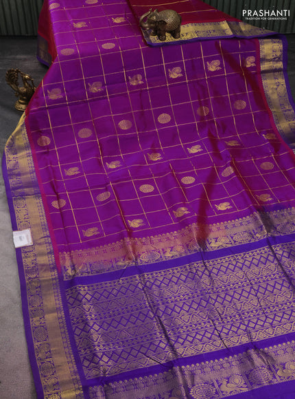 10 yards silk cotton saree dual shade of purple and blue with allover zari checks & annam mayil chakkaram buttas and zari woven border