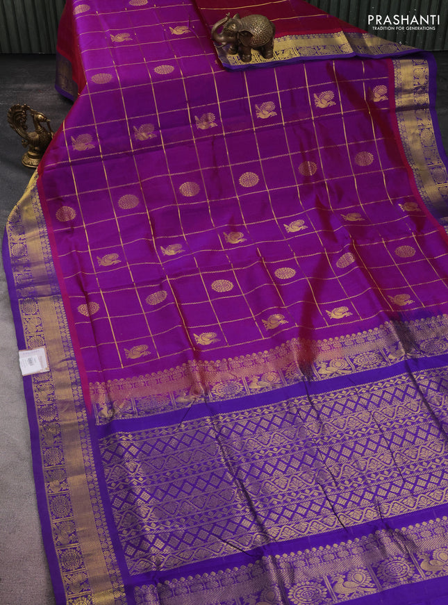 10 yards silk cotton saree dual shade of purple and blue with allover zari checks & annam mayil chakkaram buttas and zari woven border