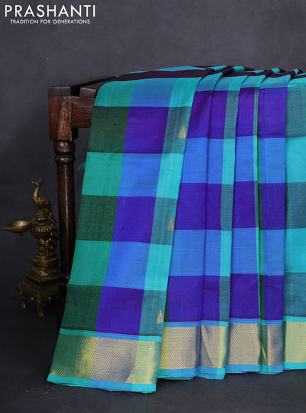 10 yards silk cotton saree teal blue and blue with allover paalum pazhamum checks & buttas and zari woven border