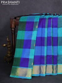 10 yards silk cotton saree teal blue and blue with allover paalum pazhamum checks & buttas and zari woven border
