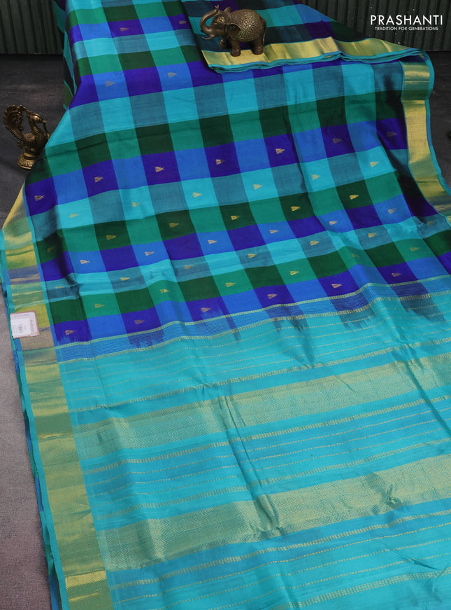 10 yards silk cotton saree teal blue and blue with allover paalum pazhamum checks & buttas and zari woven border