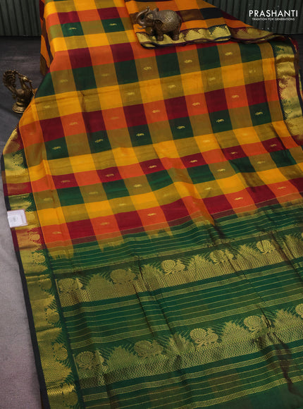 10 yards silk cotton saree multi colour and green with allover paalum pazhamum checks & buttas and zari woven border