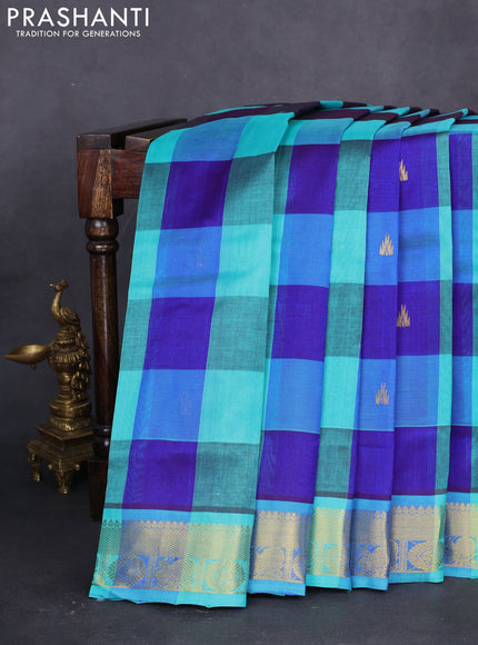 10 yards silk cotton saree teal blue and blue with allover paalum pazhamum checks & buttas and zari woven border