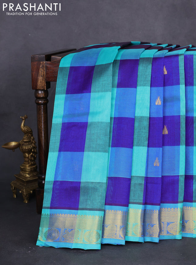 10 yards silk cotton saree teal blue and blue with allover paalum pazhamum checks & buttas and zari woven border