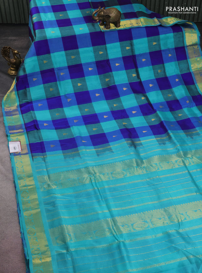 10 yards silk cotton saree teal blue and blue with allover paalum pazhamum checks & buttas and zari woven border