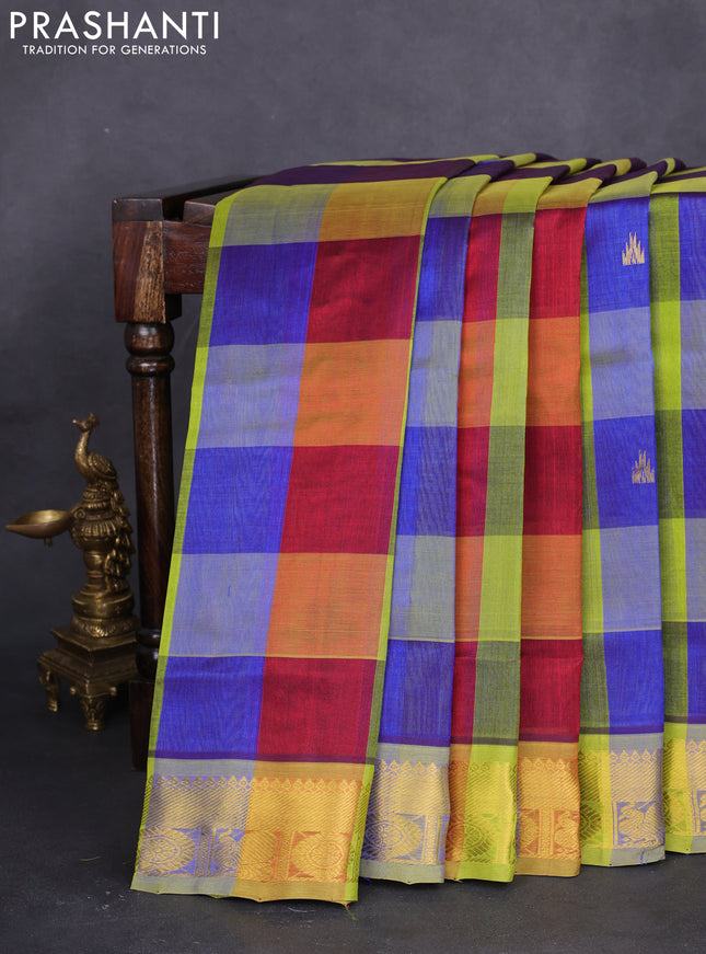 10 yards silk cotton saree multi colour and pista green with allover paalum pazhamum checks & buttas and zari woven border