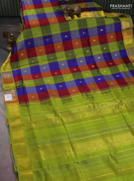 10 yards silk cotton saree multi colour and pista green with allover paalum pazhamum checks & buttas and zari woven border