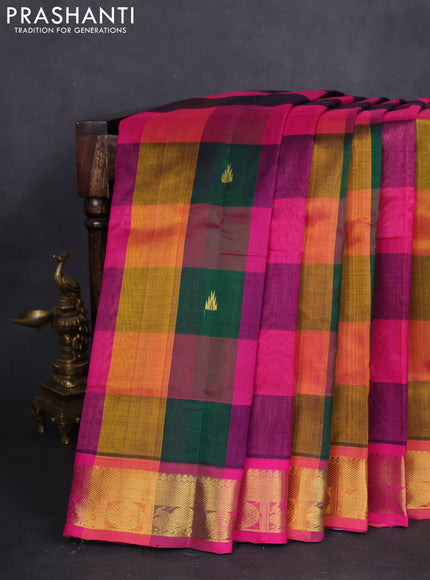 10 yards silk cotton saree multi colour and pink with allover paalum pazhamum checks & buttas and zari woven border