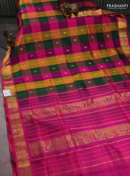10 yards silk cotton saree multi colour and pink with allover paalum pazhamum checks & buttas and zari woven border