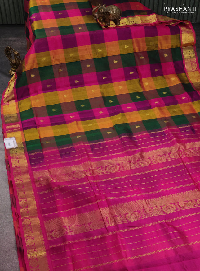 10 yards silk cotton saree multi colour and pink with allover paalum pazhamum checks & buttas and zari woven border