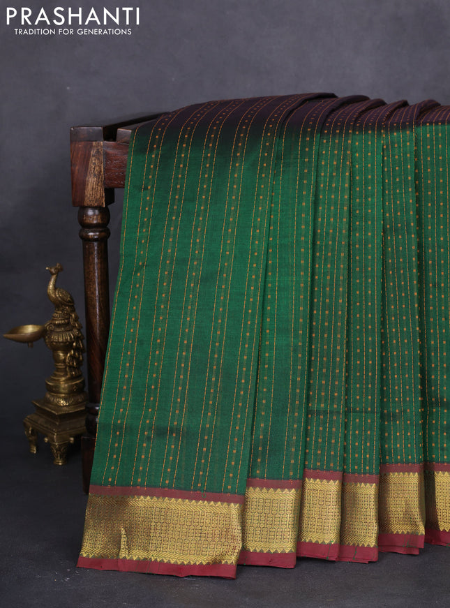 10 yards silk cotton saree green and maroon with allover thread woven lakshadeepam weaves and zari woven border