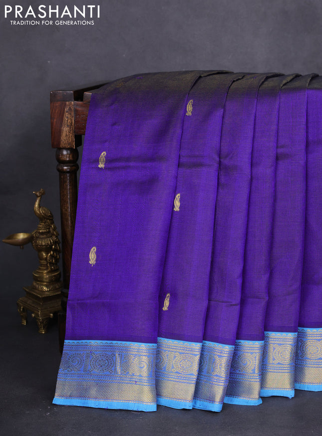 10 yards silk cotton saree blue and cs blue with allover vairaosi pattern & zari buttas and zari woven border