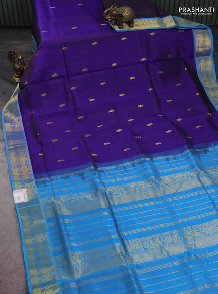 10 yards silk cotton saree blue and cs blue with allover vairaosi pattern & zari buttas and zari woven border