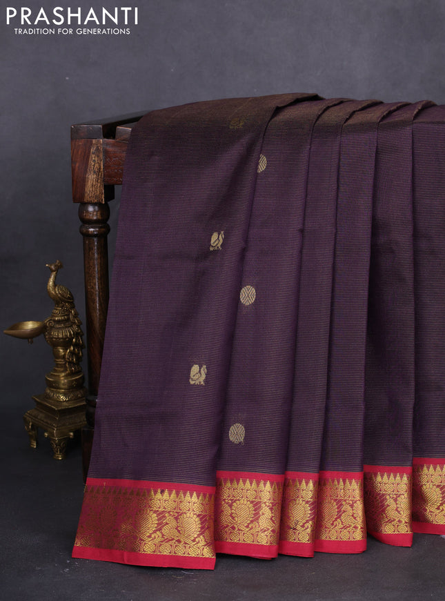 10 yards silk cotton saree deep jamun shade and maroon with allover vairaosi pattern & zari buttas and zari woven border