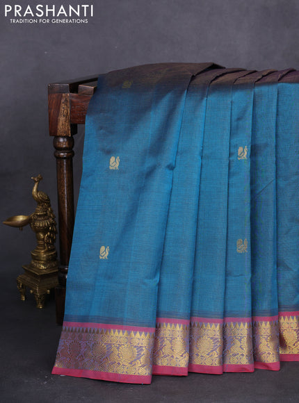 10 yards silk cotton saree peacock green and maroon with allover vairaosi pattern & zari buttas and zari woven border