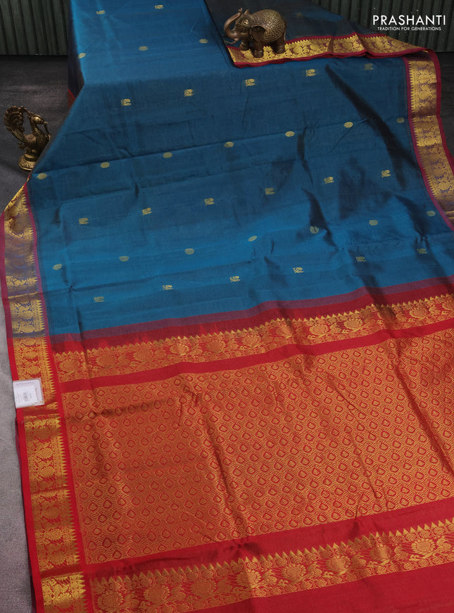10 yards silk cotton saree peacock green and maroon with allover vairaosi pattern & zari buttas and zari woven border