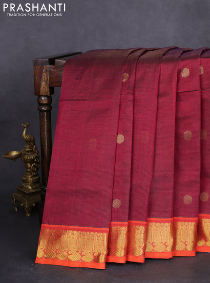 10 yards silk cotton saree maroon and dual shade of pinkish orange with allover vairaosi pattern & zari buttas and zari woven border