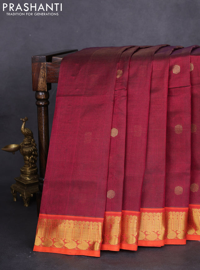 10 yards silk cotton saree maroon and dual shade of pinkish orange with allover vairaosi pattern & zari buttas and zari woven border