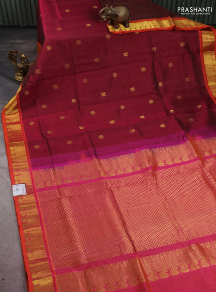 10 yards silk cotton saree maroon and dual shade of pinkish orange with allover vairaosi pattern & zari buttas and zari woven border