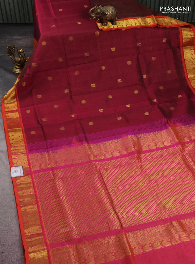 10 yards silk cotton saree maroon and dual shade of pinkish orange with allover vairaosi pattern & zari buttas and zari woven border