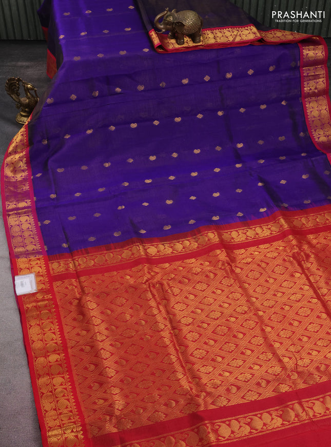 10 yards silk cotton saree blue and maroon with allover vairaosi pattern & zari buttas and zari woven border