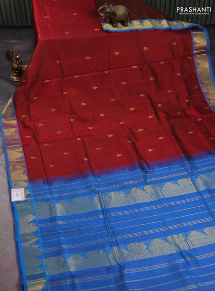 10 yards silk cotton saree maroon and cs blue with allover vairaosi pattern & zari buttas and zari woven border