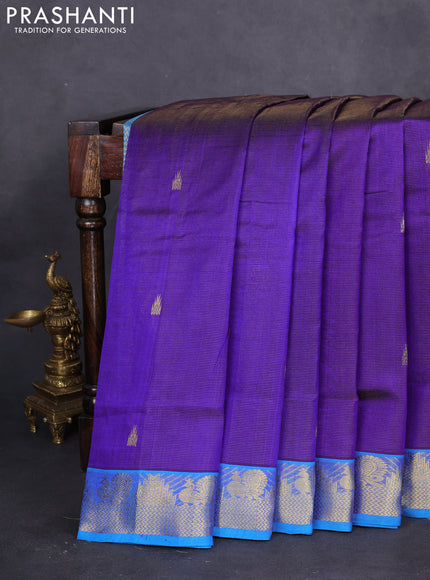 10 yards silk cotton saree blue and cs blue with allover vairaosi pattern & zari buttas and zari woven border