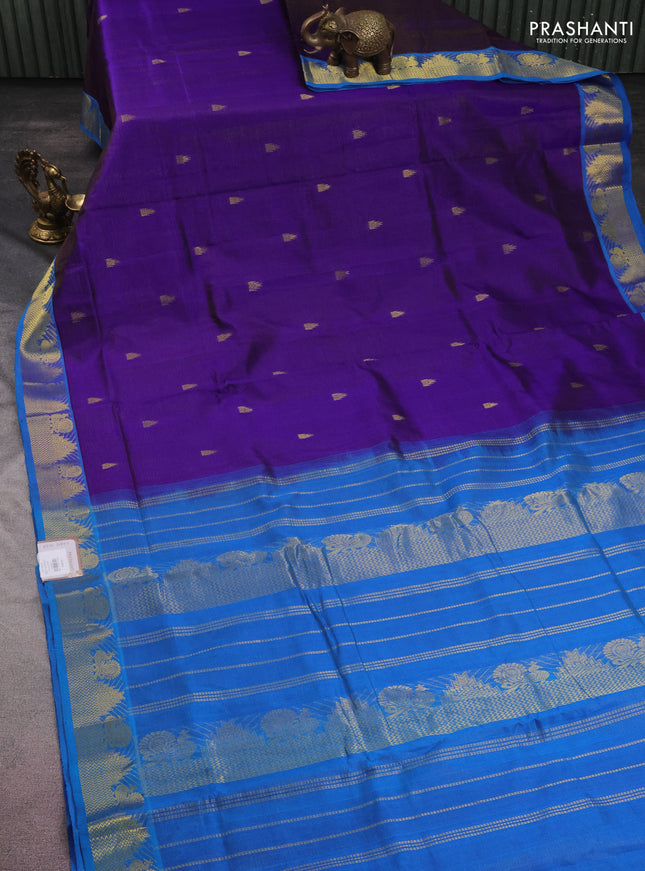 10 yards silk cotton saree blue and cs blue with allover vairaosi pattern & zari buttas and zari woven border
