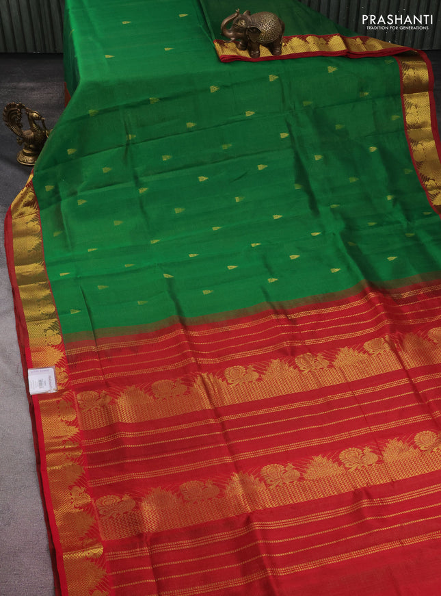 10 yards silk cotton saree green and maroon with allover vairaosi pattern & zari buttas and zari woven border