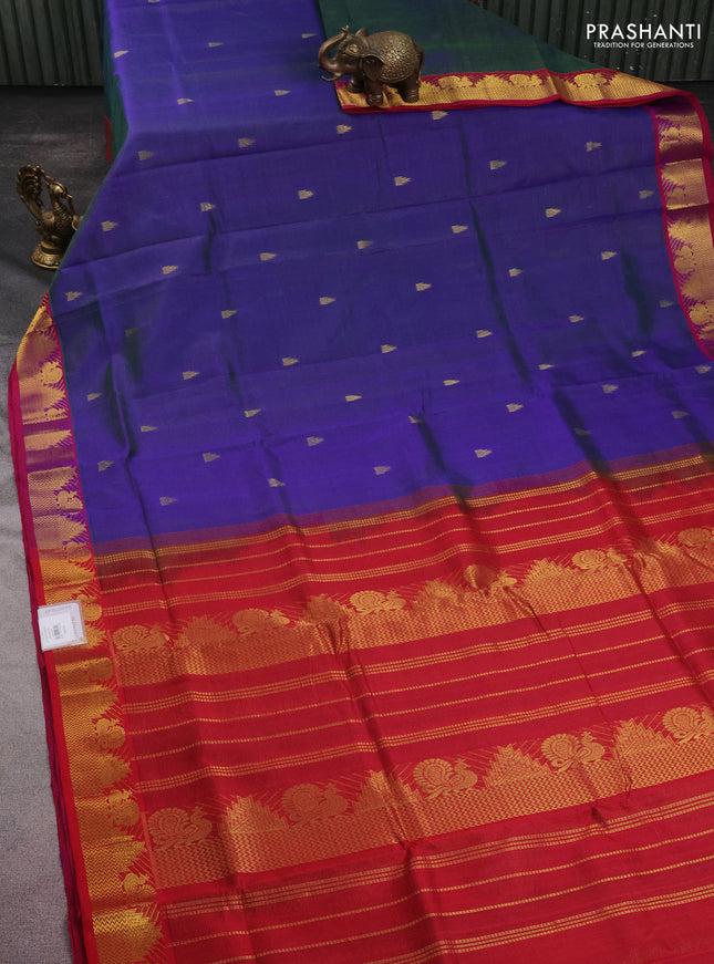 10 yards silk cotton saree dual shade of blue and red with allover vairaosi pattern & zari buttas and zari woven border