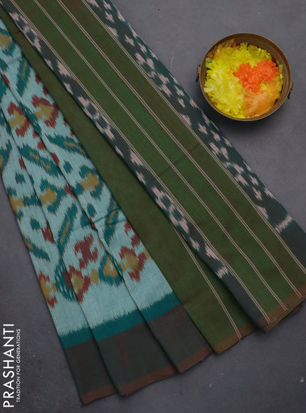 Ikat cotton saree teal green and broon with allover ikat butta weaves and simple border