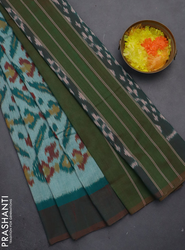 Ikat cotton saree teal green and broon with allover ikat butta weaves and simple border