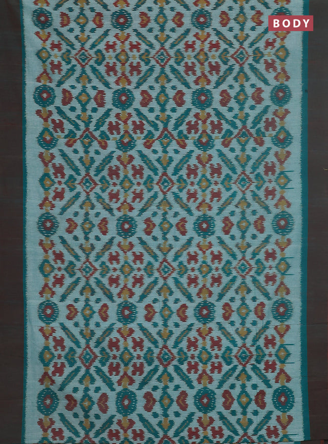Ikat cotton saree teal green and broon with allover ikat butta weaves and simple border