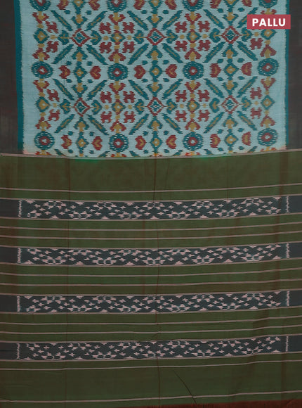 Ikat cotton saree teal green and broon with allover ikat butta weaves and simple border