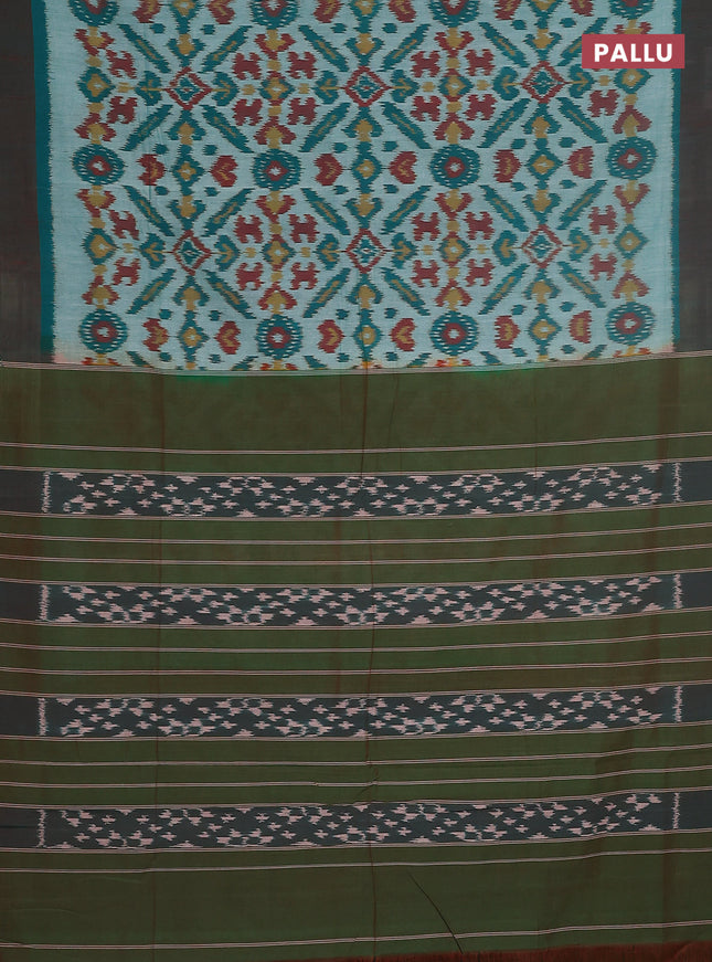 Ikat cotton saree teal green and broon with allover ikat butta weaves and simple border