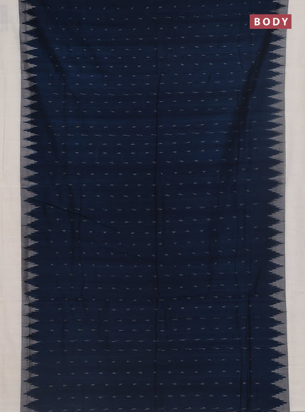 Ikat cotton saree peacock blue and off white with allover ikat butta weaves and temple deision simple border