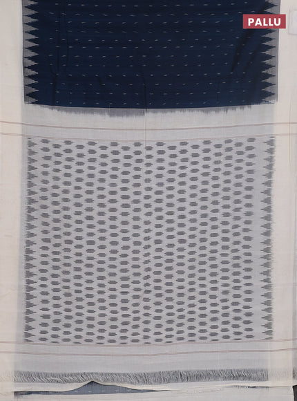 Ikat cotton saree peacock blue and off white with allover ikat butta weaves and temple deision simple border