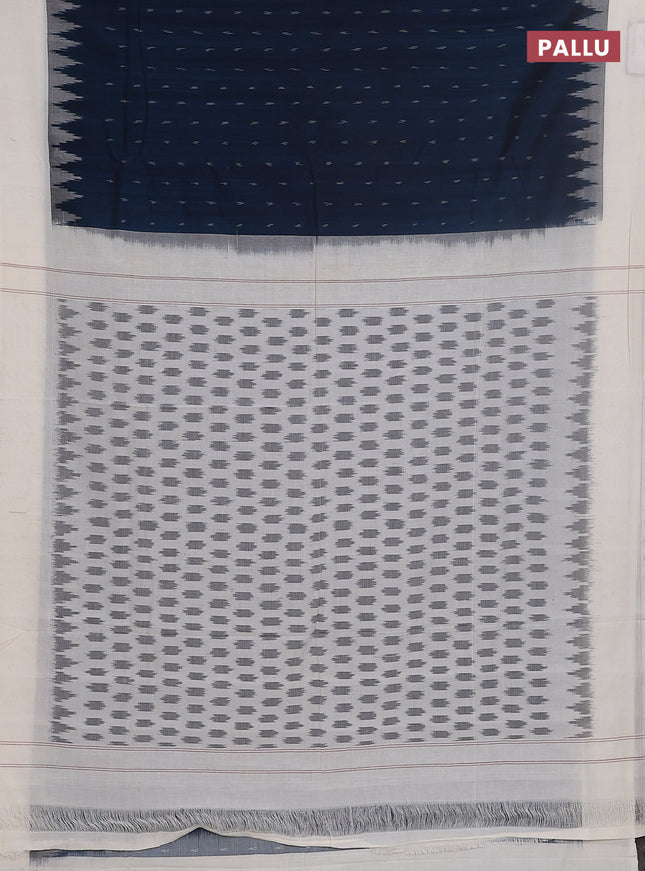 Ikat cotton saree peacock blue and off white with allover ikat butta weaves and temple deision simple border