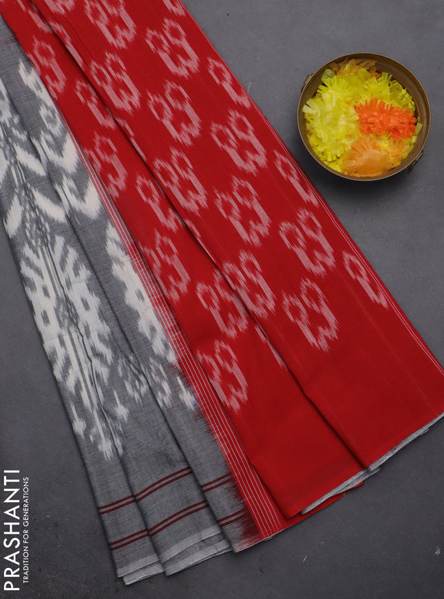 Ikat cotton saree grey and red with allover ikat weaves and simple border