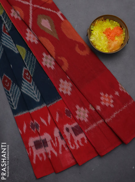 Ikat cotton saree peacock blue and red with allover ikat butta weaves and long ikat style border