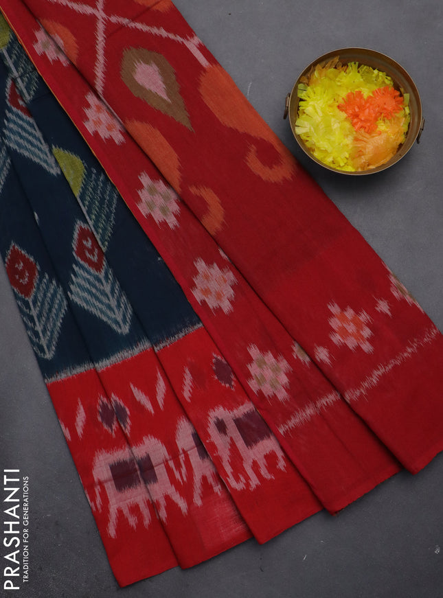 Ikat cotton saree peacock blue and red with allover ikat butta weaves and long ikat style border