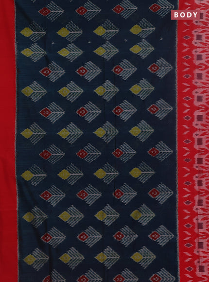 Ikat cotton saree peacock blue and red with allover ikat butta weaves and long ikat style border