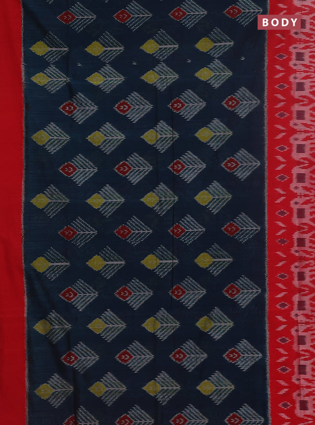 Ikat cotton saree peacock blue and red with allover ikat butta weaves and long ikat style border