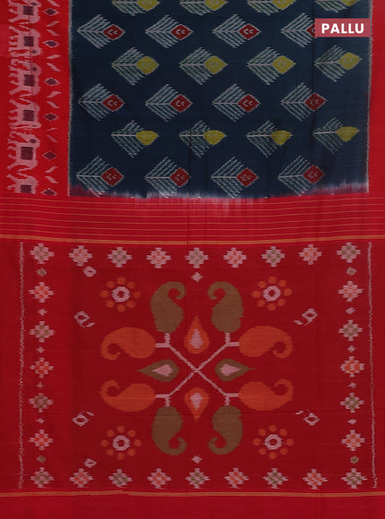 Ikat cotton saree peacock blue and red with allover ikat butta weaves and long ikat style border