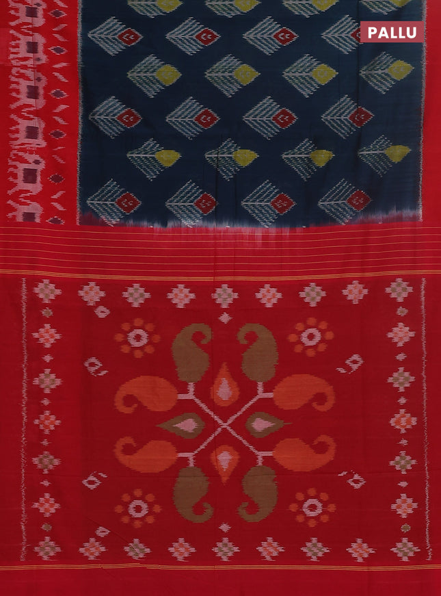 Ikat cotton saree peacock blue and red with allover ikat butta weaves and long ikat style border