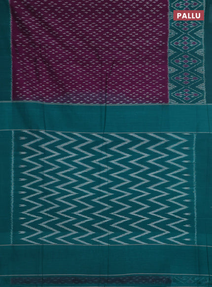 Ikat cotton saree purple and teal green with allover ikat butta weaves and simple border