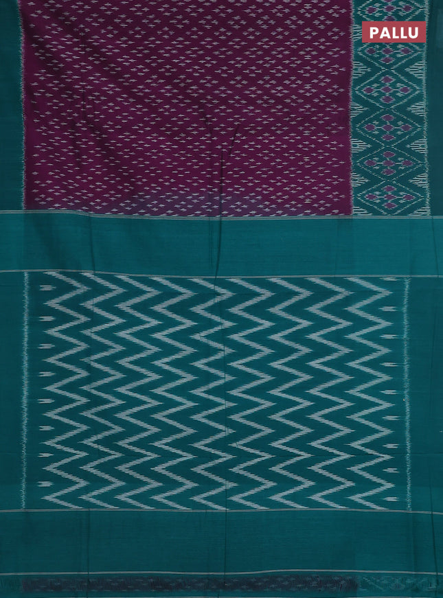 Ikat cotton saree purple and teal green with allover ikat butta weaves and simple border