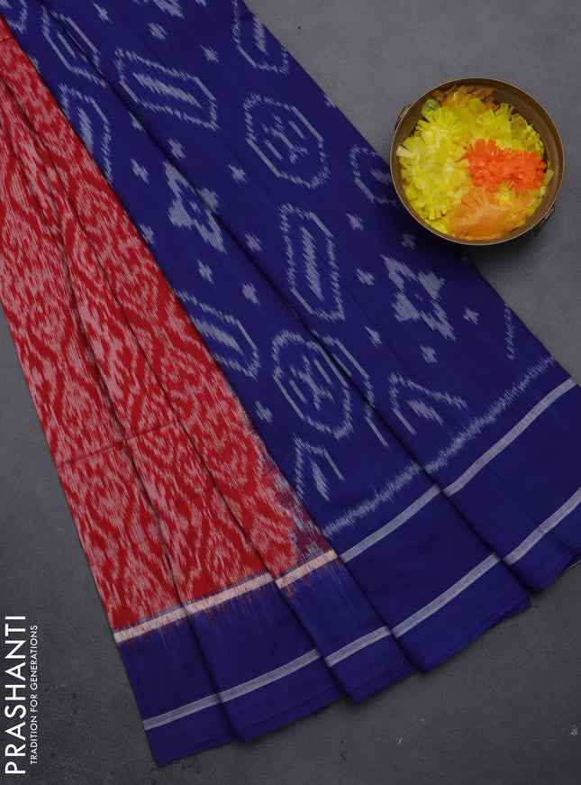 Ikat cotton saree red and blue with allover ikat weaves and simple border