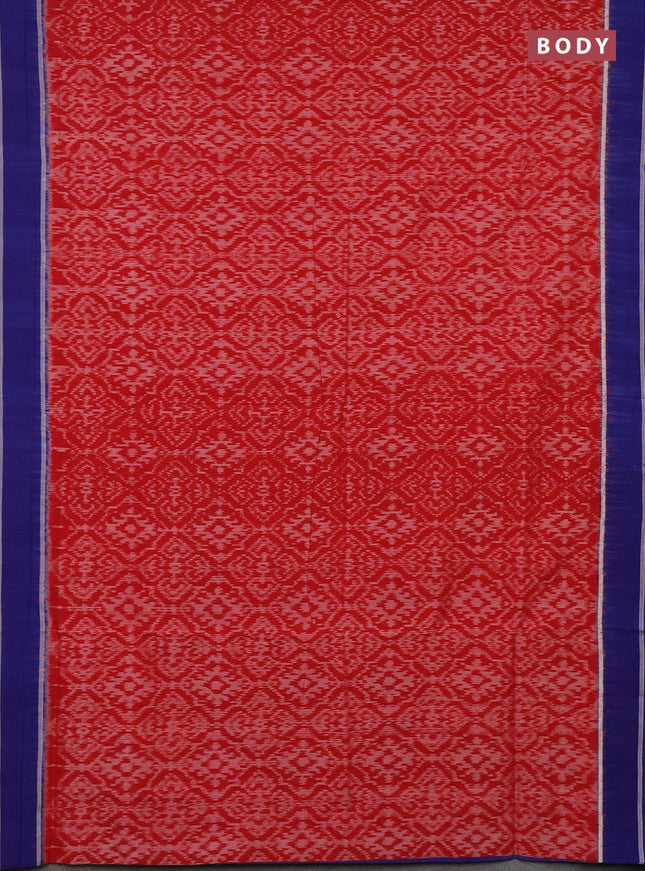 Ikat cotton saree red and blue with allover ikat weaves and simple border