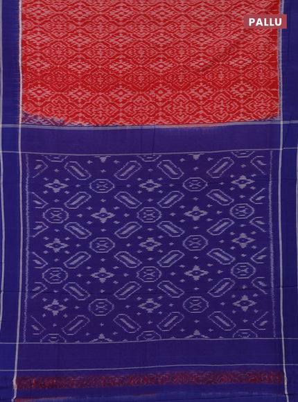 Ikat cotton saree red and blue with allover ikat weaves and simple border
